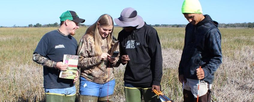 Students record data points in the field.